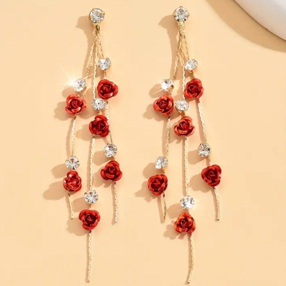 Romantic Gold Toned Rose and Diamond Stud Earrings - Picture 3 of 4
